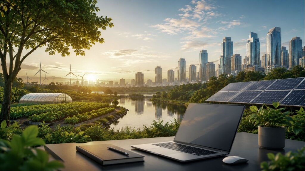 Futuristic city skyline blending with sustainable nature, modern technology, and green innovation at sunrise, representing RojRoj Enterprise's vision for digital growth and sustainable progress.